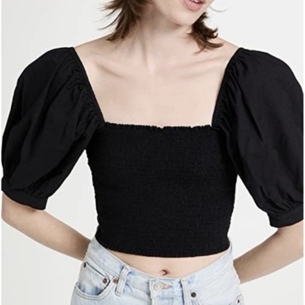 Xirena Issa Black Cotton Smocked Puff-Sleeve Crop Top Size S